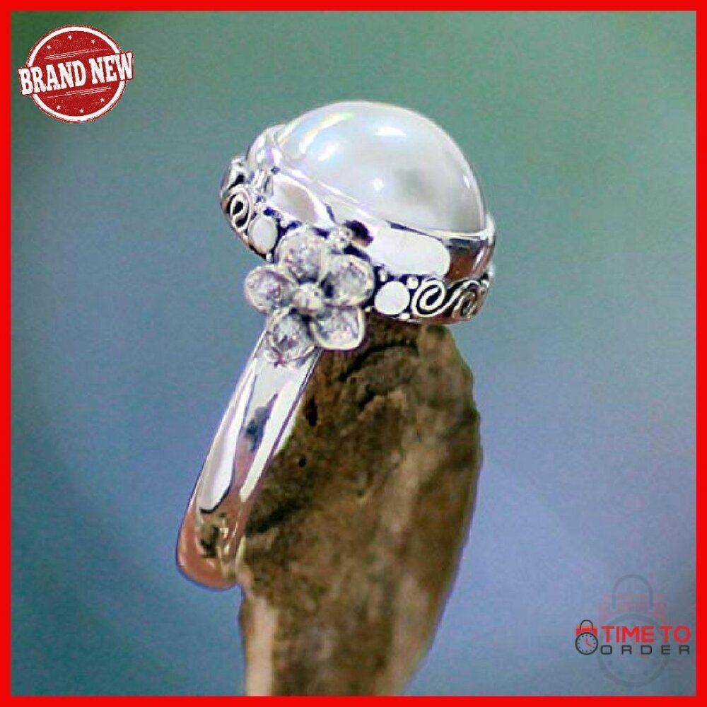 Sterling Silver Pearl Ring Size 5, Handcrafted Bridal Moon Design - Picture 5 of 7